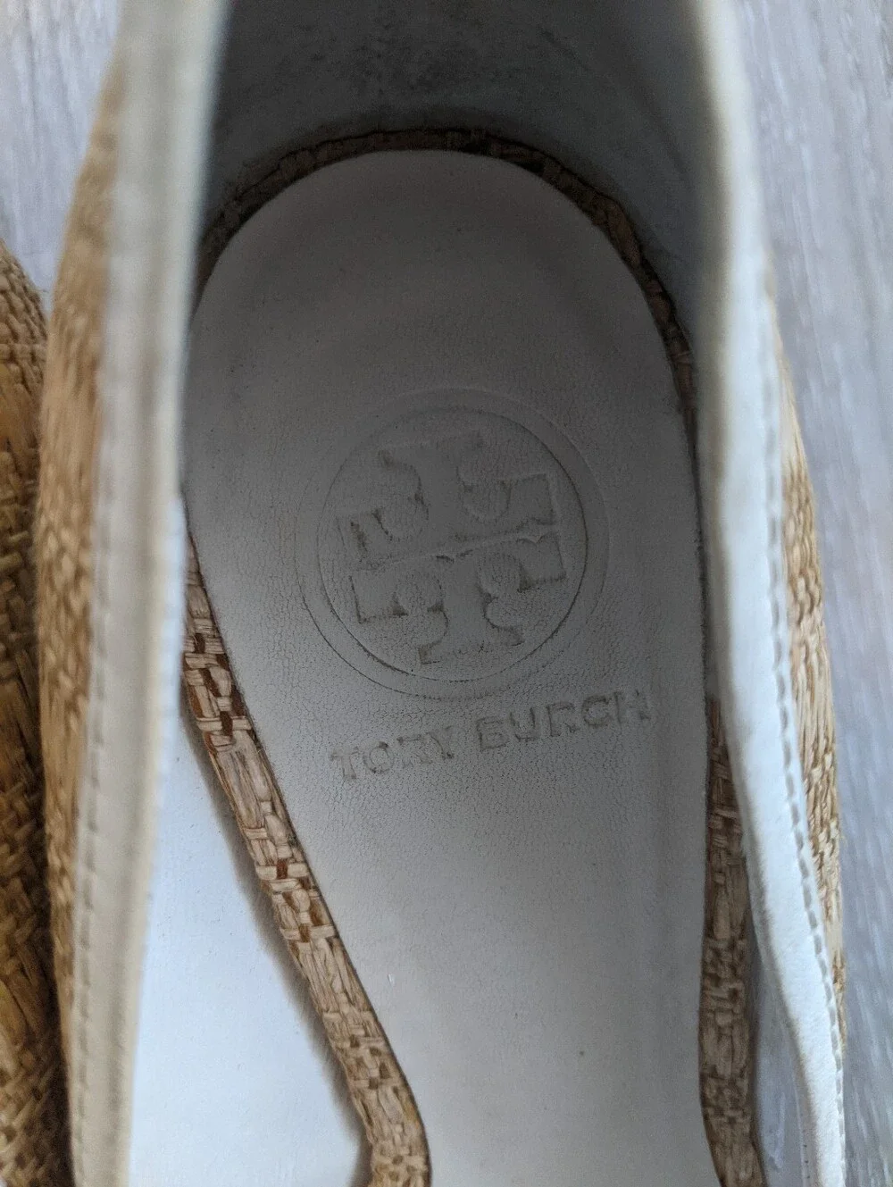 Tory Burch Natural Raffia and White Logo Ballet Flats